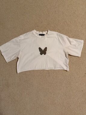 Women’s Cropped White Holographic Butterfly Tee